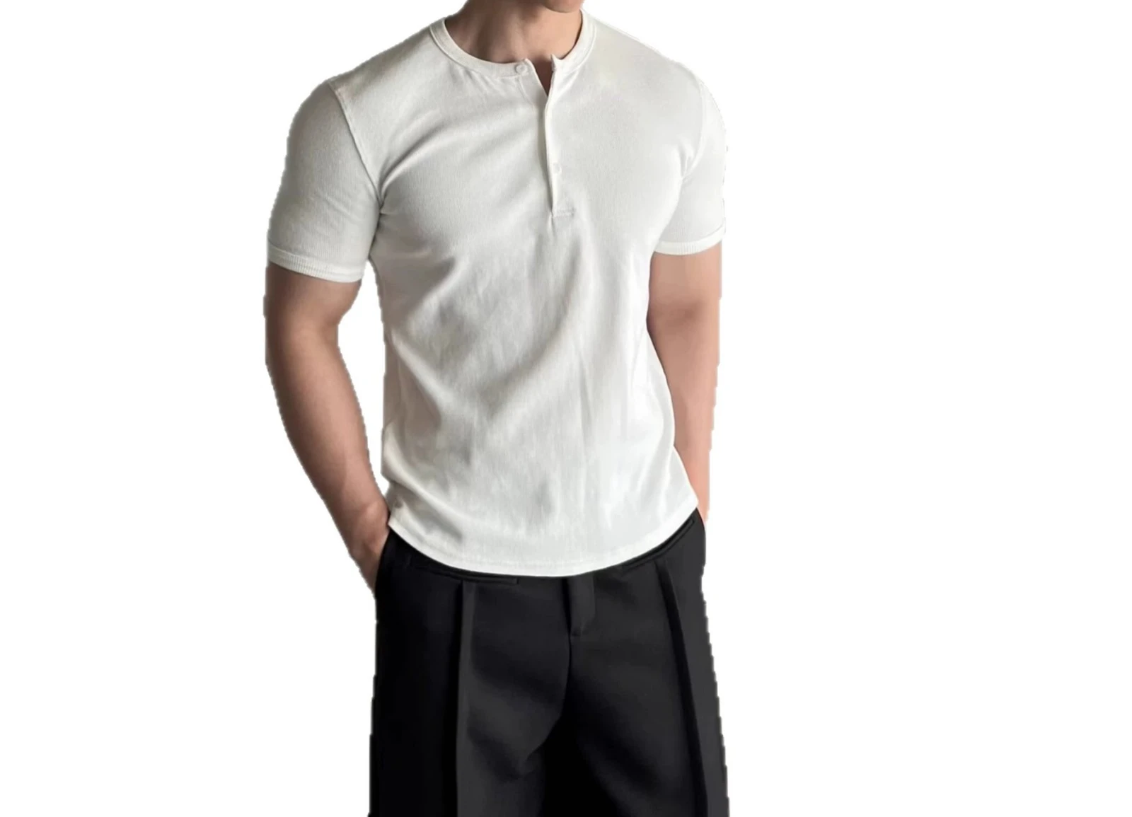 American Retro Henry Collar Solid Color Short-sleeved T-shirt Men's Cleanfit Summer High-end Right Shoulder Casual Top