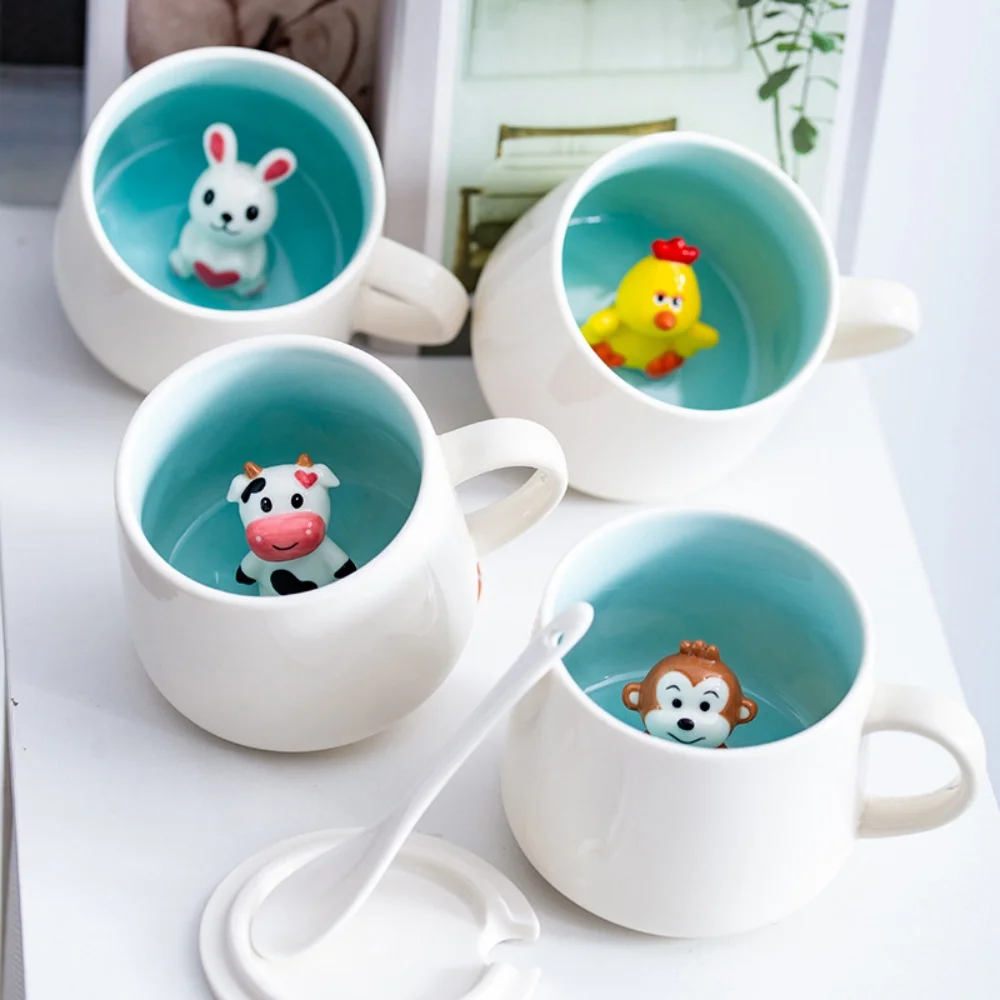 Animal Ceramic Cup Hidden 3D Animal Inside Mug,Cute Cartoon Handmade Figurine Mugsfor Coffee Milk Tea With Lid and Spoon