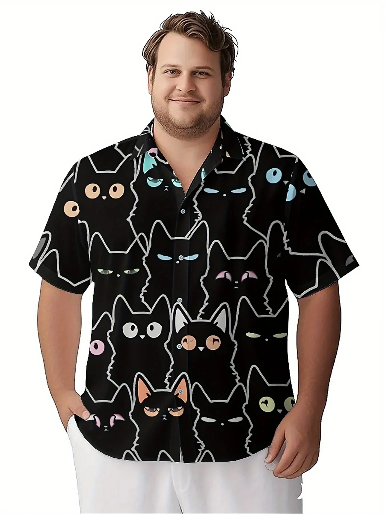 Men's Plus Size Hawaiian Shirts Mysterious Black Cat pattern, Button Up Shirts, Unisex Casual Clothing, Summer Tops