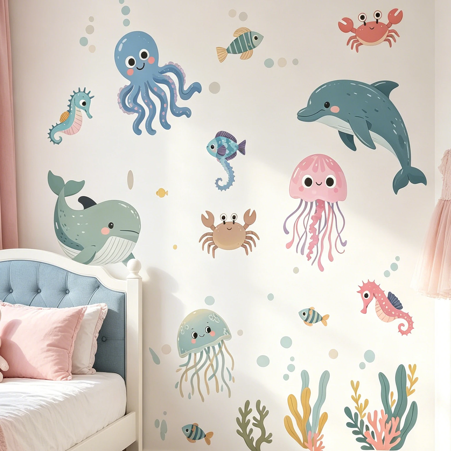 Light-Colored Watercolor Marine Animals, Underwater World, Cute Whales, Seahorses, Decorative Wall Stickers for Children's Bedro