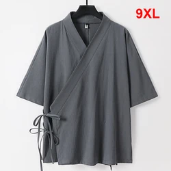 Summer Linen T-shirt Men Plus Size 9XL Linen Tees Tops Male Vintage Casual Three Quarter Sleeve V-neck Tshirt Big Size 9XL