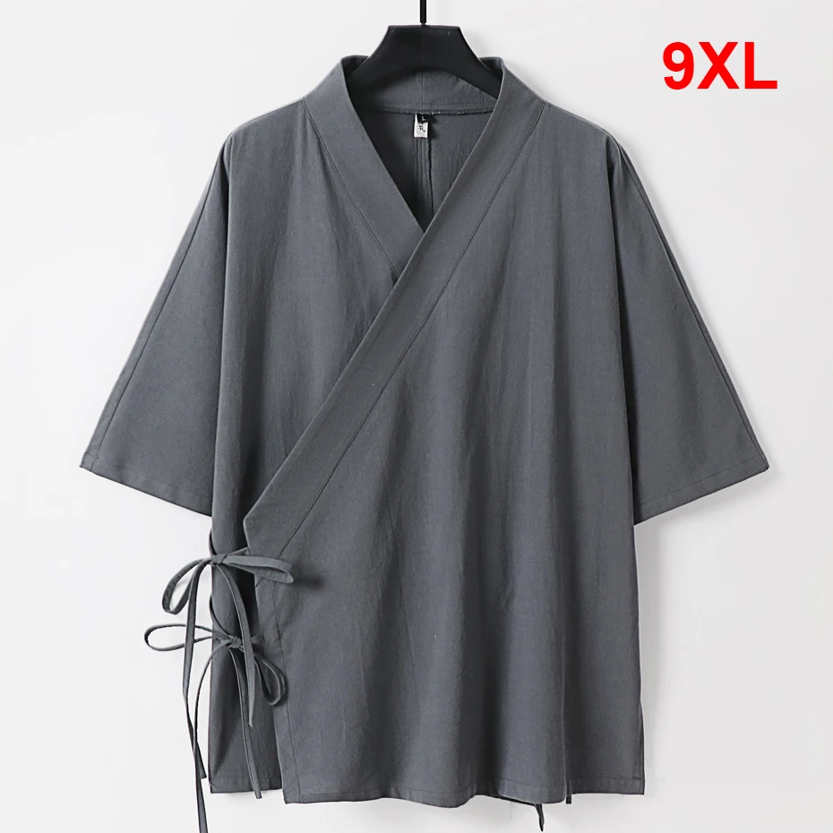 Summer Linen T-shirt Men Plus Size 9XL Linen Tees Tops Male Vintage Casual Three Quarter Sleeve V-neck Tshirt Big Size 9XL