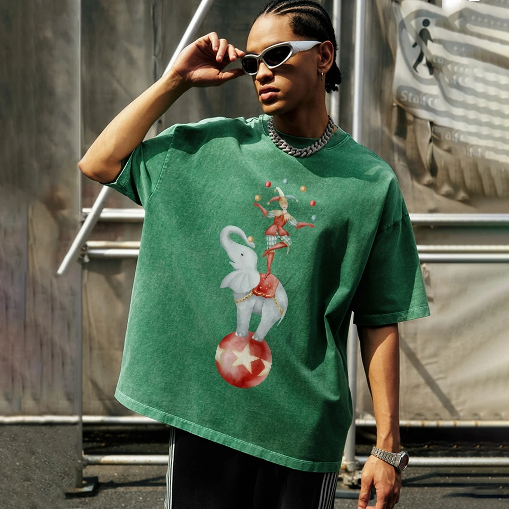 تي شيرت برسومات Y2K تي شيرت سيرك كلوون 100% قطن، تي شيرت مغسول كبير الحجم عالي الجودة. مهرج الفيل طباعة ريترو 90s Y2K فيبي