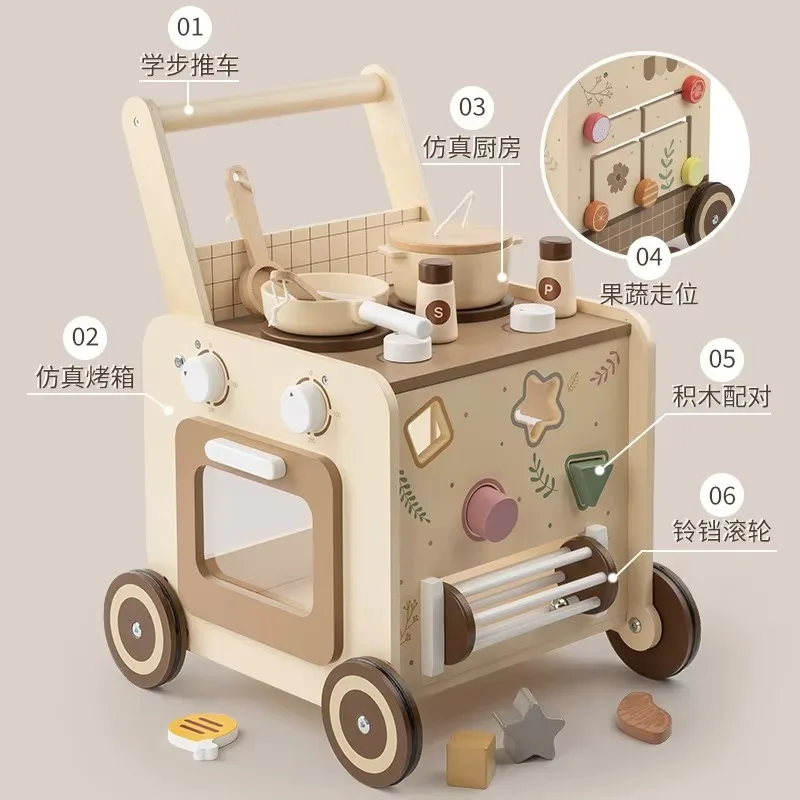 Wooden baby walker 4-in-1 baby stroller with pretend kitchen Montessori sensory activity center stroller baby toy