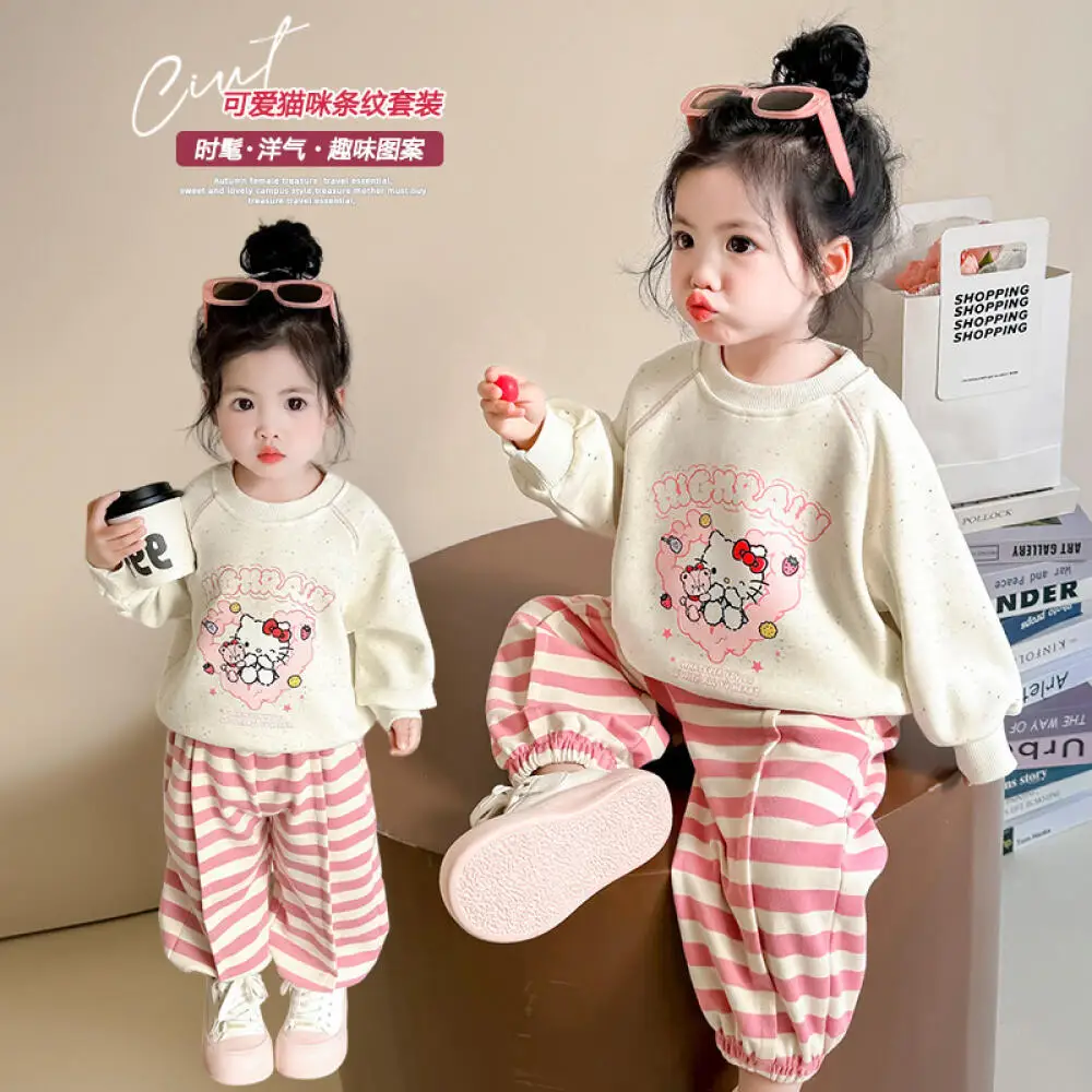 

Sanrio Hello Kitty Girls' Spring Autumn Cartoon Hoodie Striped Sweatpants Set New Baby Elegant Sweet Cute Sweatshirt Sportswear