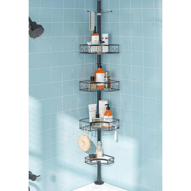 Corner Shower Caddy Tension Pole, 4-Tier Rust-Free Shower Organizer Corner, Adjustable Shower Shelf for Inside