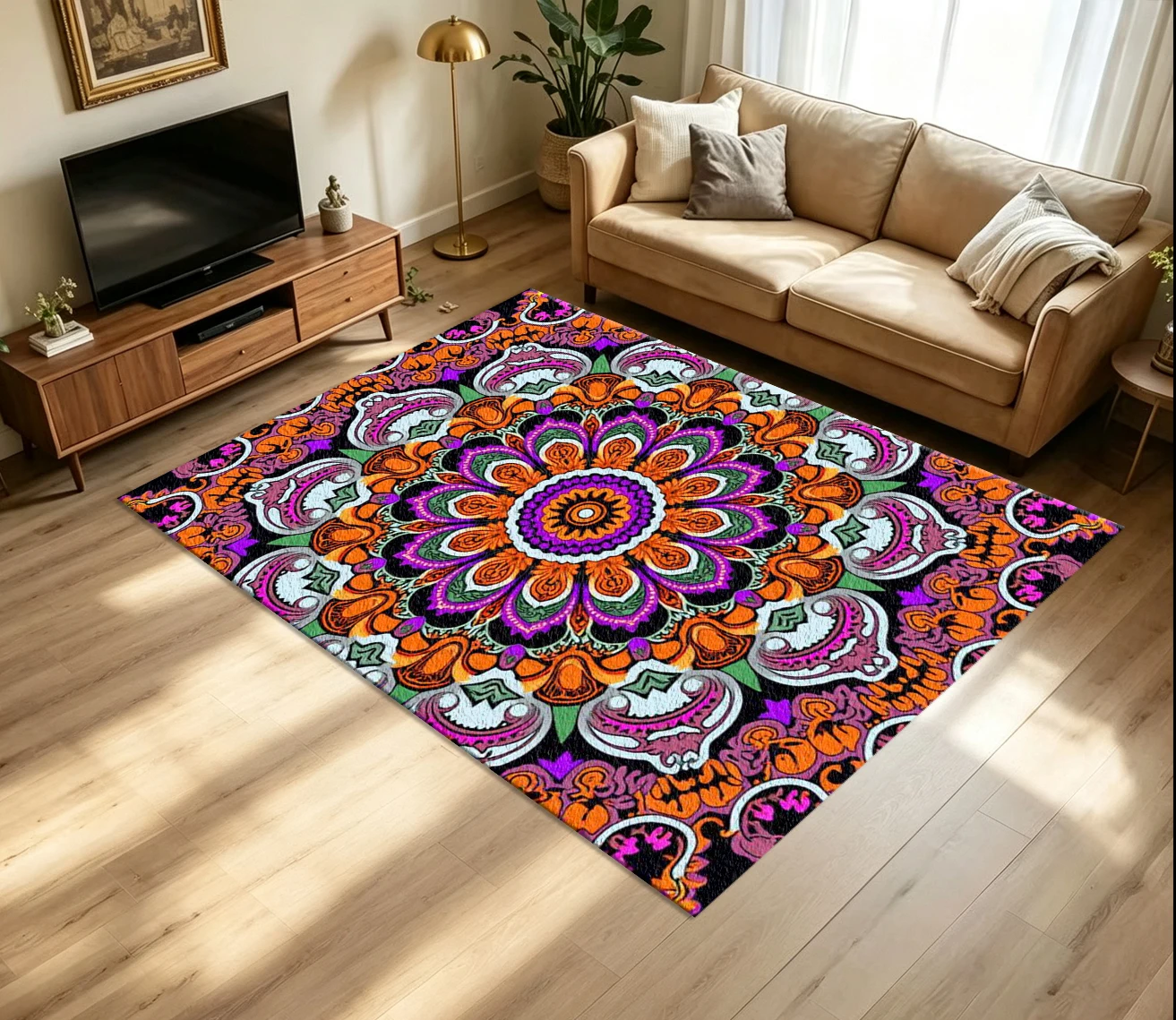 Boho Mandala Ornament Carpet Flooring Bright Color Symmetrical Ethnic Pattern Printed Floor Rug for Household Room Home Interior Decor