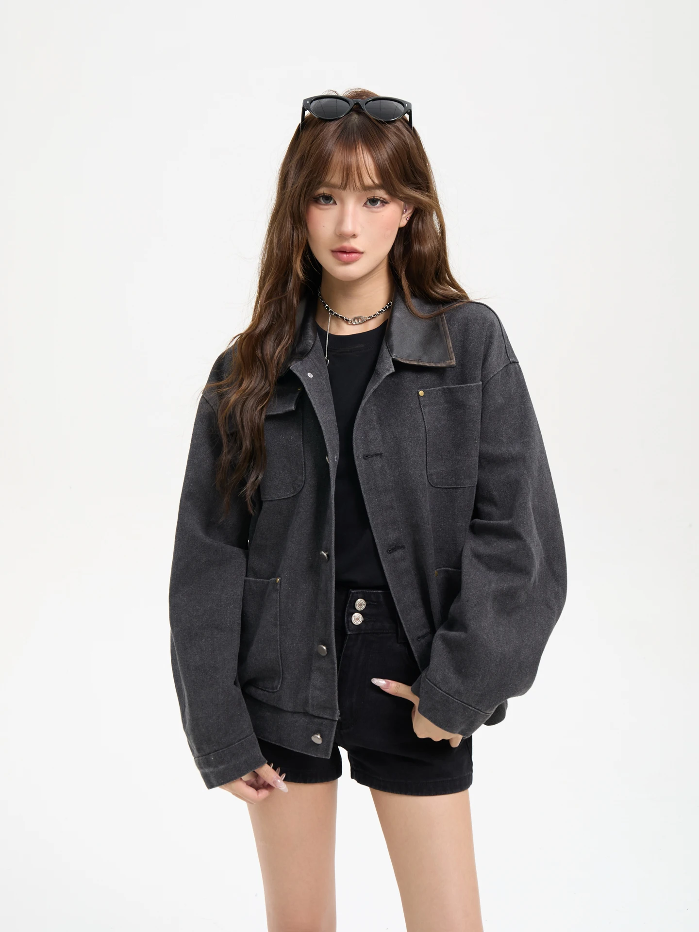 เสื้อแจ็คเก็ตหนัง PU สไตล์เรโทรอเมริกัน 7KEEWEN ทรงหลวม คอปกแบบเว้า  สำหรับคู่รัก  กันลม  แขนยาว