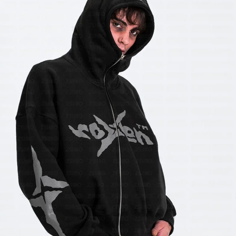 سترة صوفية بسحاب على الموضة للشارع مرسومة يدويًا للجنسين على الطراز الأمريكي