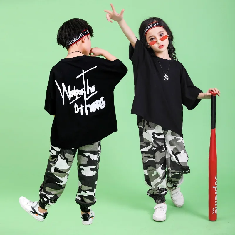 Kids Short T Shirt Tops Camouflage Jogger Pants Jazz Ballroom Dance Clothes Wear Black Girls Boys Hip Hop Dancing Costumes