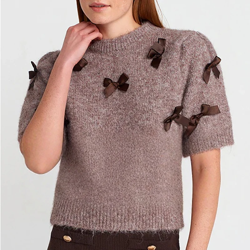 여성 캐주얼 반팔 솔리드 투피스 세트 우아한 리본 장식 포켓 수트 패션 O넥 풀오버 니트 & 새틴 스커트 세트