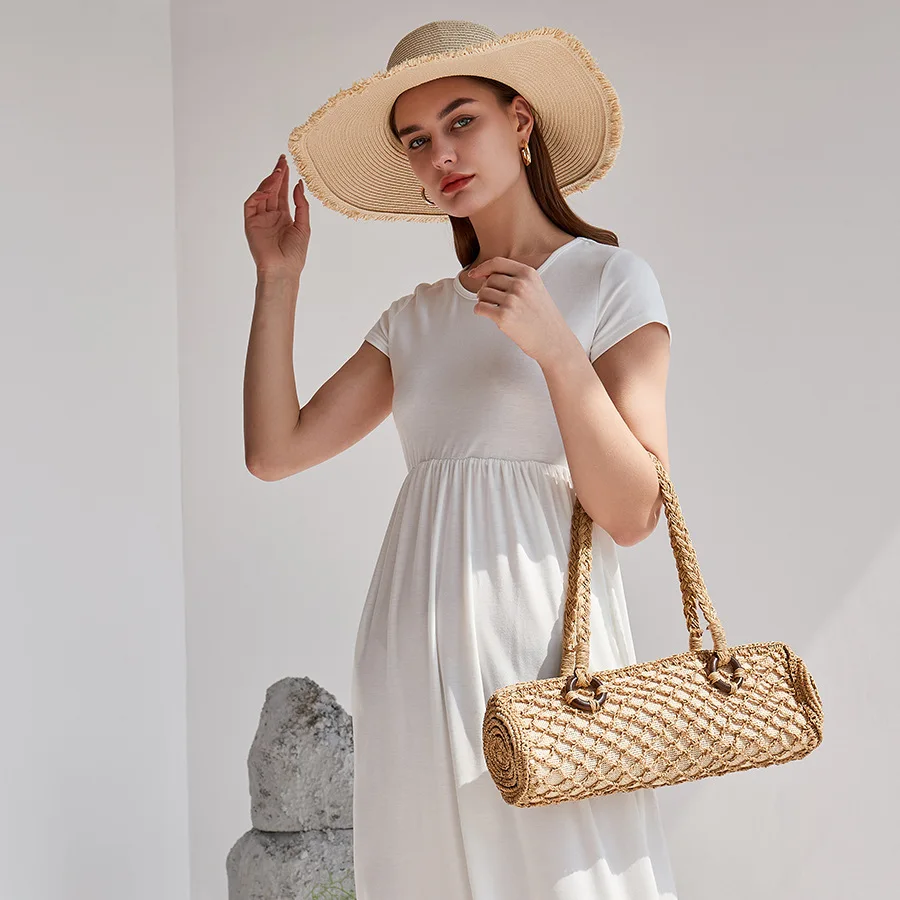 Bolso de hombro largo con asa superior para mujer, bolsa de mano para playa y vacaciones, con forma de tronco, réplica Lux, verano, 2023