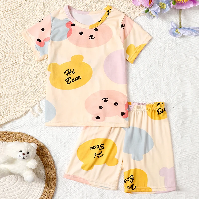 2-pcs Children's Summer Fashion Print Home Clothes Suit Boy Comfortable Joker Dinosaur Short-sleeved Girl Sweet Pink Shorts Suit