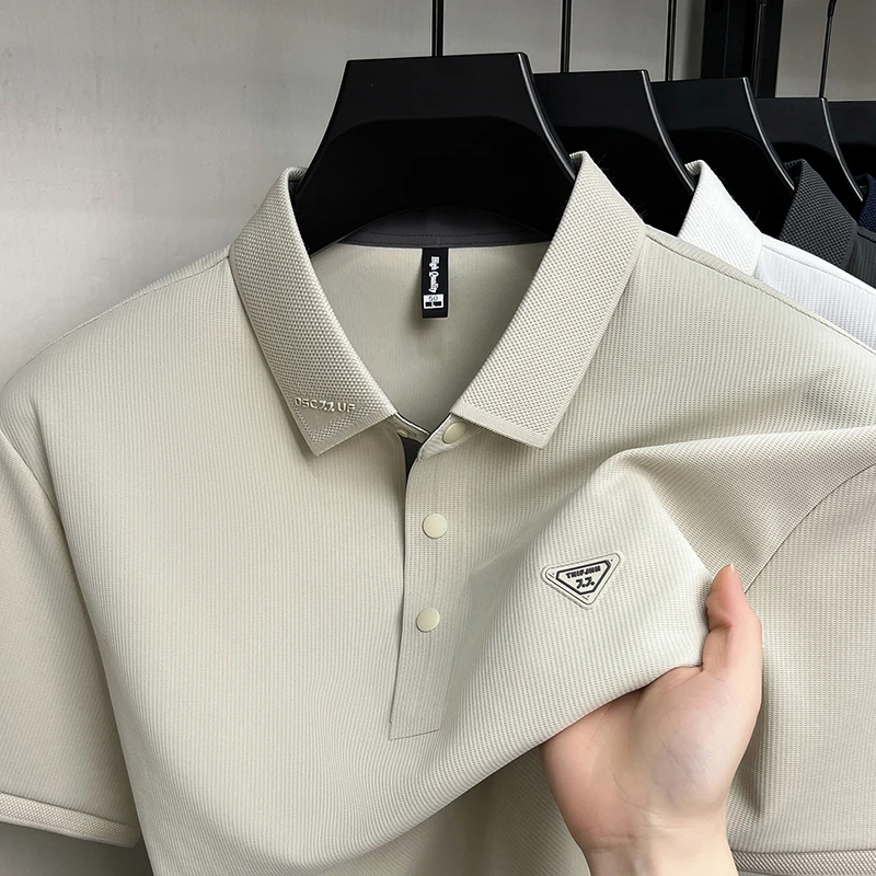 Luxury brand triangle embossed short sleeve polo shirt men new fashion luxury ice silk summer breathable business casual T-shirt