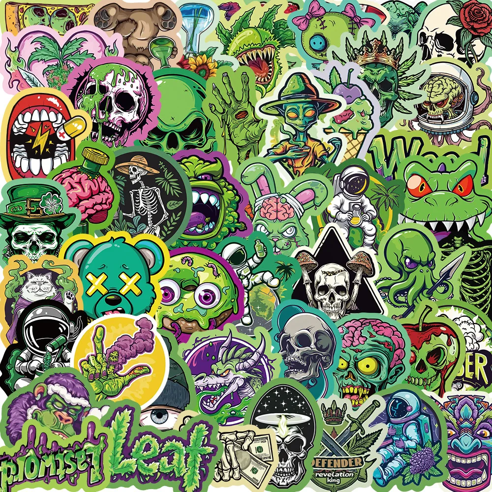 50pcs Green Monster scheletri Cartoon Graffiti Stickers telefono chitarra Laptop valigia bottiglie d'acqua adesivo impermeabile regalo