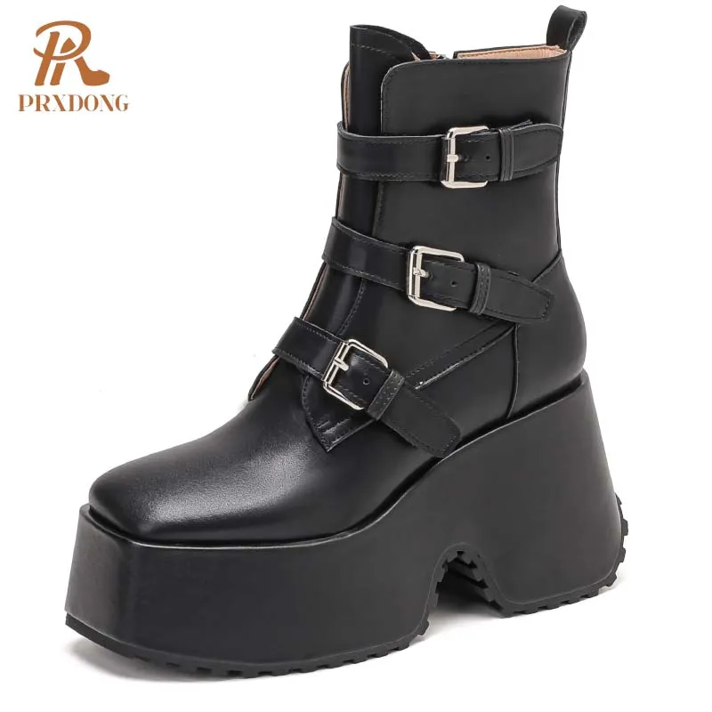 

PRXDONG 2024 New Autumn Winter Shoes Woman Ankle Boots Chunky High Heels Platform Black Beige Dress Party Lady Punk Shoes 34-39