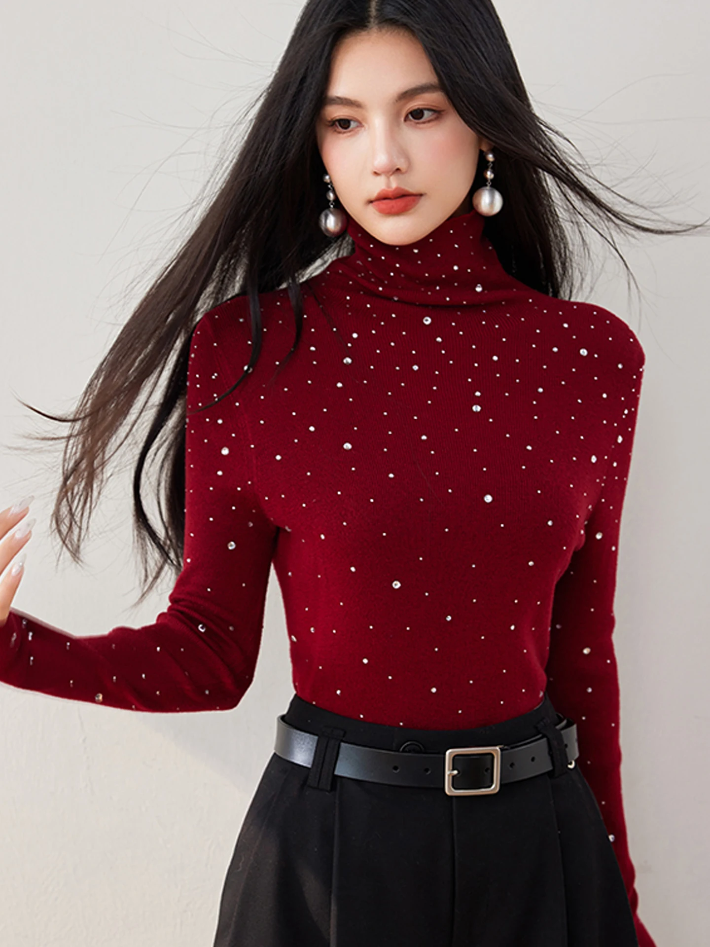 

Elegant Rhinestone High Neck Sweater Women Slim Fit Winter Knitwear Long Sleeve Top