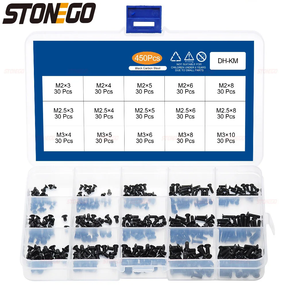 

STONEGO Mini Screw Set - 450/650/720PCS Countersunk Flat Head Phillips Carbon Steel Screws Kit for M1.4-M3 Sizes