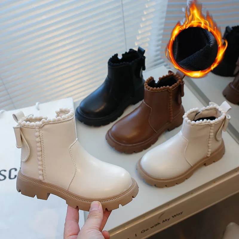 

Fashion Ankle Bow Warm Plush Girl Boots for Children's Snow Boots Leather Waterproof Shoes Big Kid Autumn Winter Boots 26-36