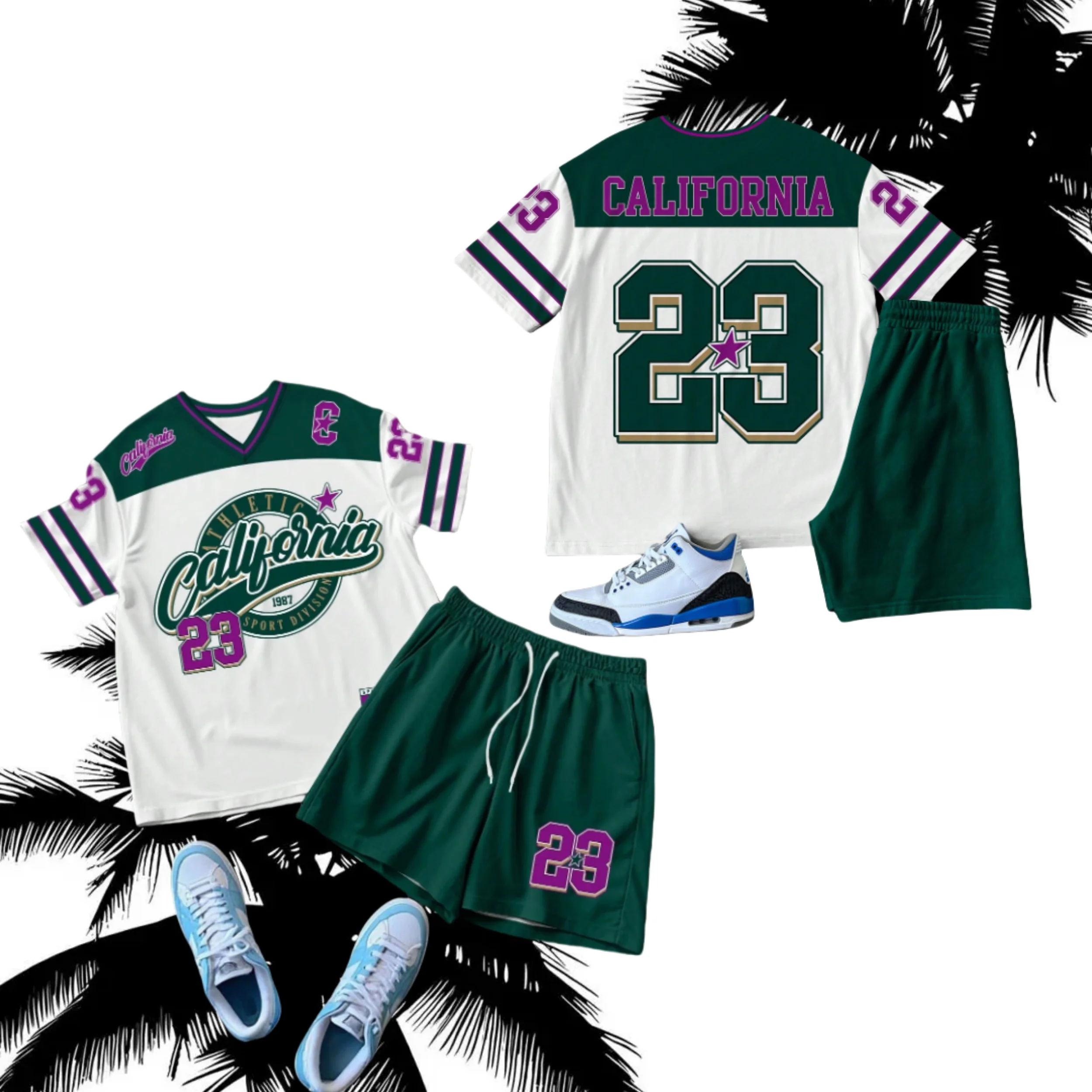 

25/26 NEW Men's CALIFORNIA NO.23 3D Print Short Sleeve T-Shirt & Shorts Set Gradient Short Sleeved Women's T-shirt Shorts Set
