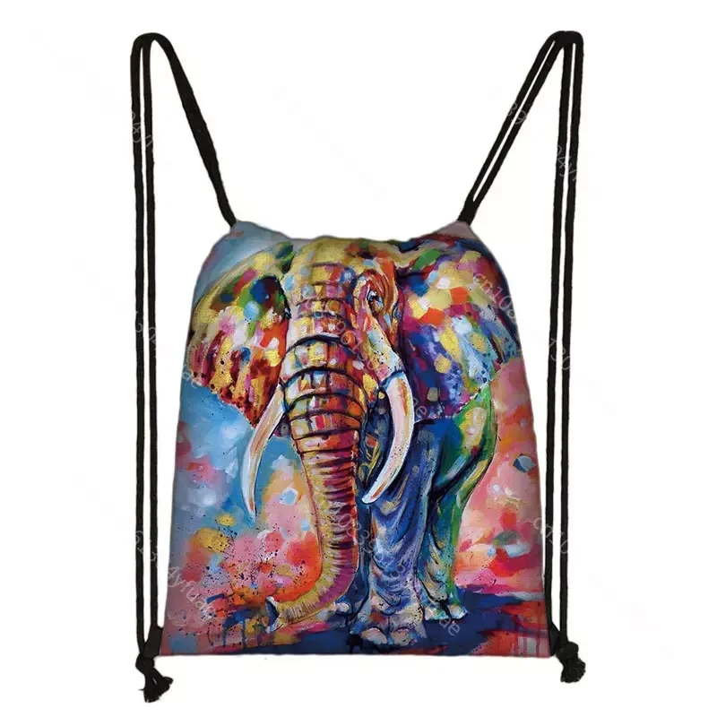 Pintura a óleo colorida elefante Drawstring bolsa de armazenamento, saco multifuncional, dty saco para viagens, atividade ao ar livre, menina mochila