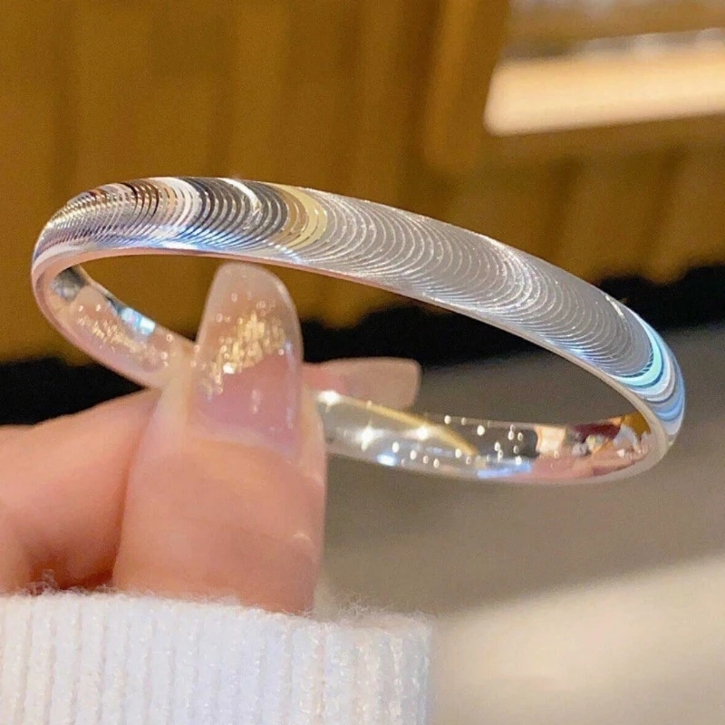 999 Sterling Silver Push Pull Adjustable Bangle for Women Spiral Radial Cat Eye Texture Shiny Cuff Bracelet Minimalist Elegant F