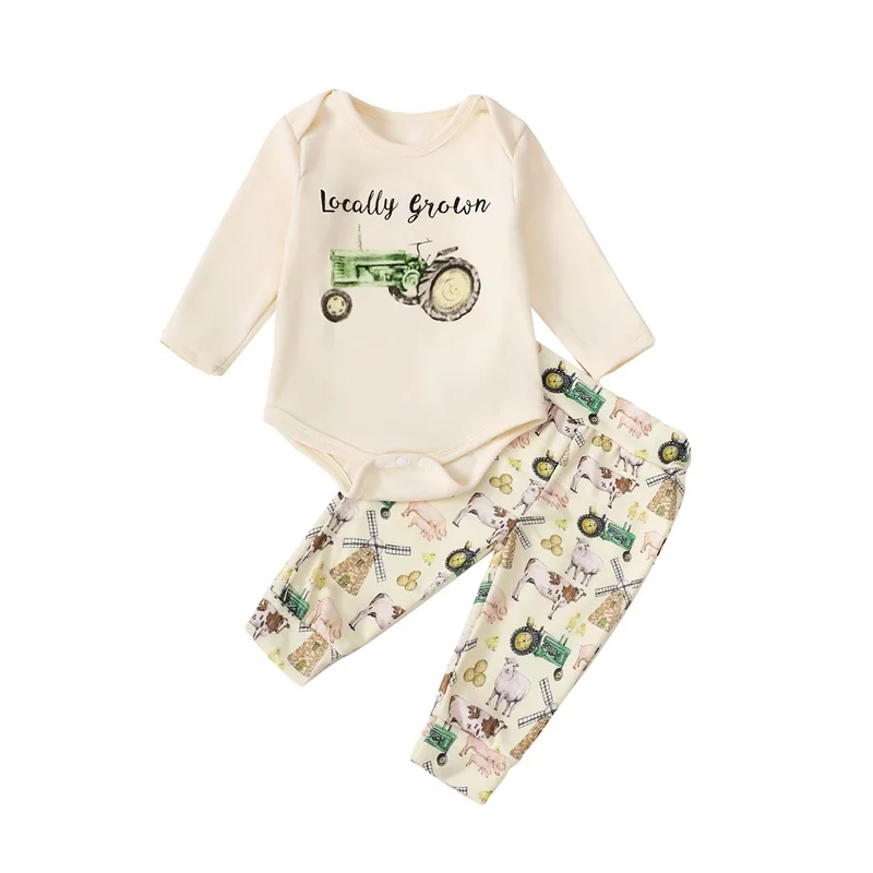 

2-Piece Baby Set Tractor Print Long Sleeve Round Neck Romper Farm Print Trousers Outfits