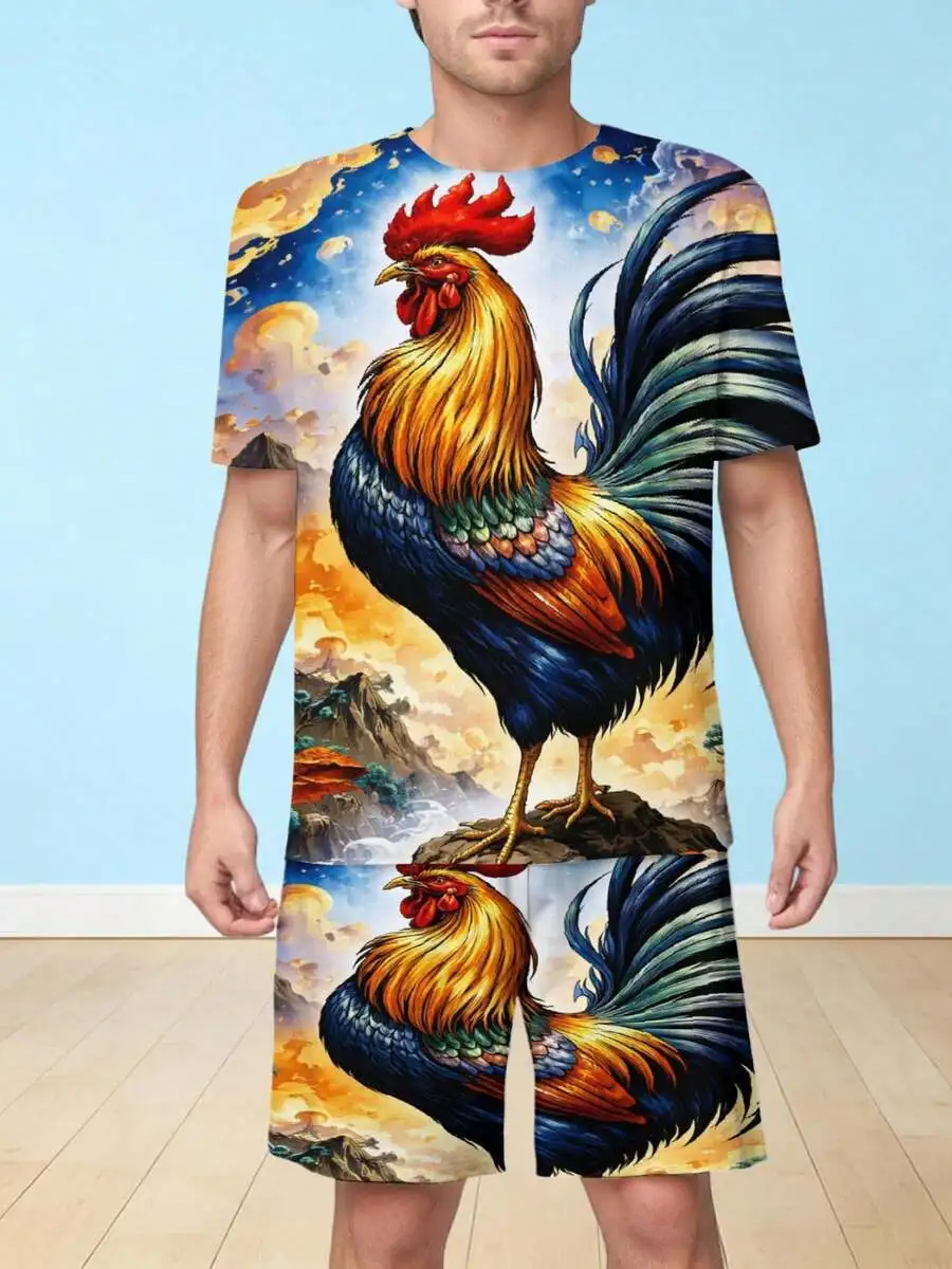 

Majestic Rooster Fantasy Sunrise Print Men Short Sleeve T-Shirt And Shorts Set Casual Summer Outfit