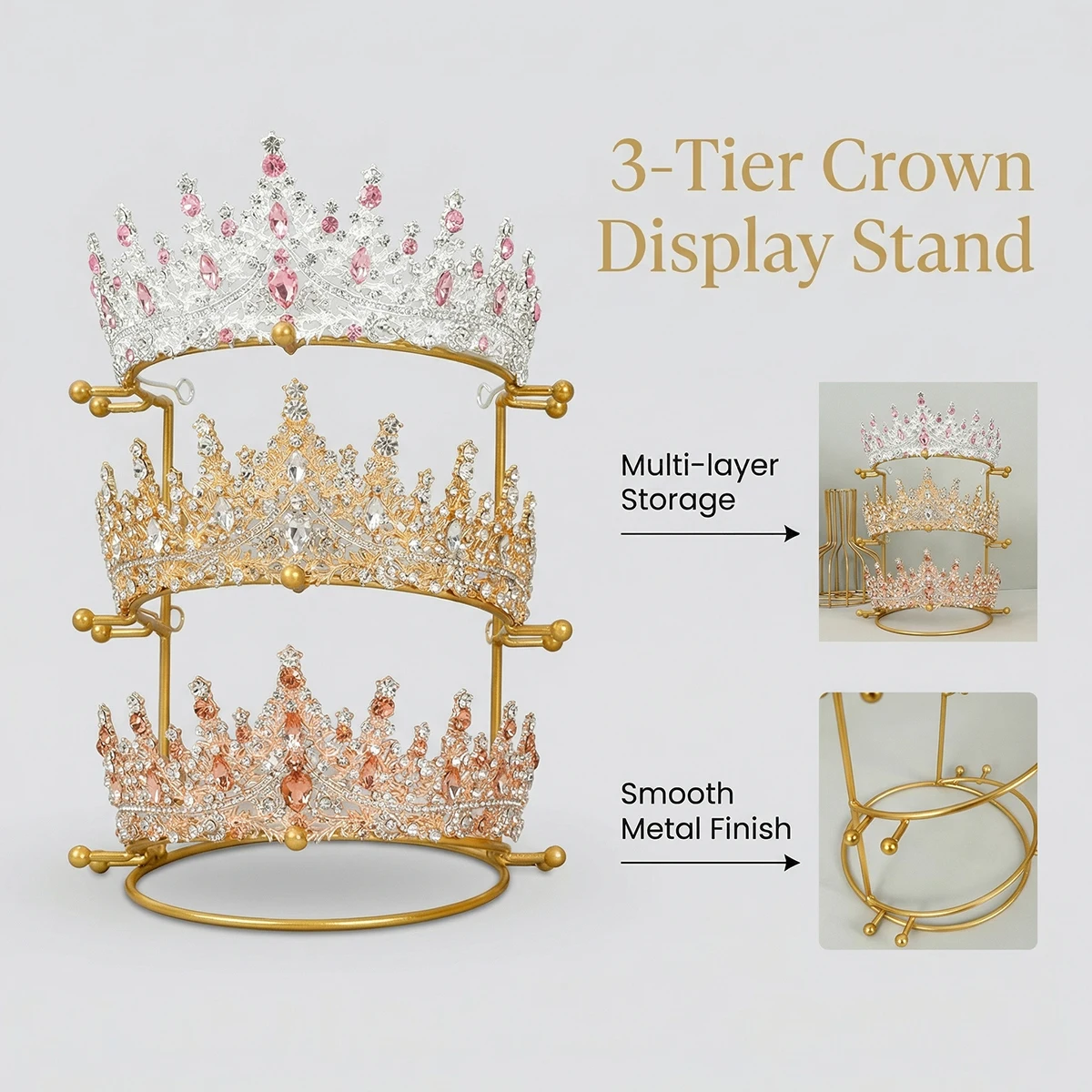 3-Tier Gold Crown Display Stand, Premium Metal Tiara Holder with Anti-Slip Ball Design, Multi-Layer Jewelry Organizer