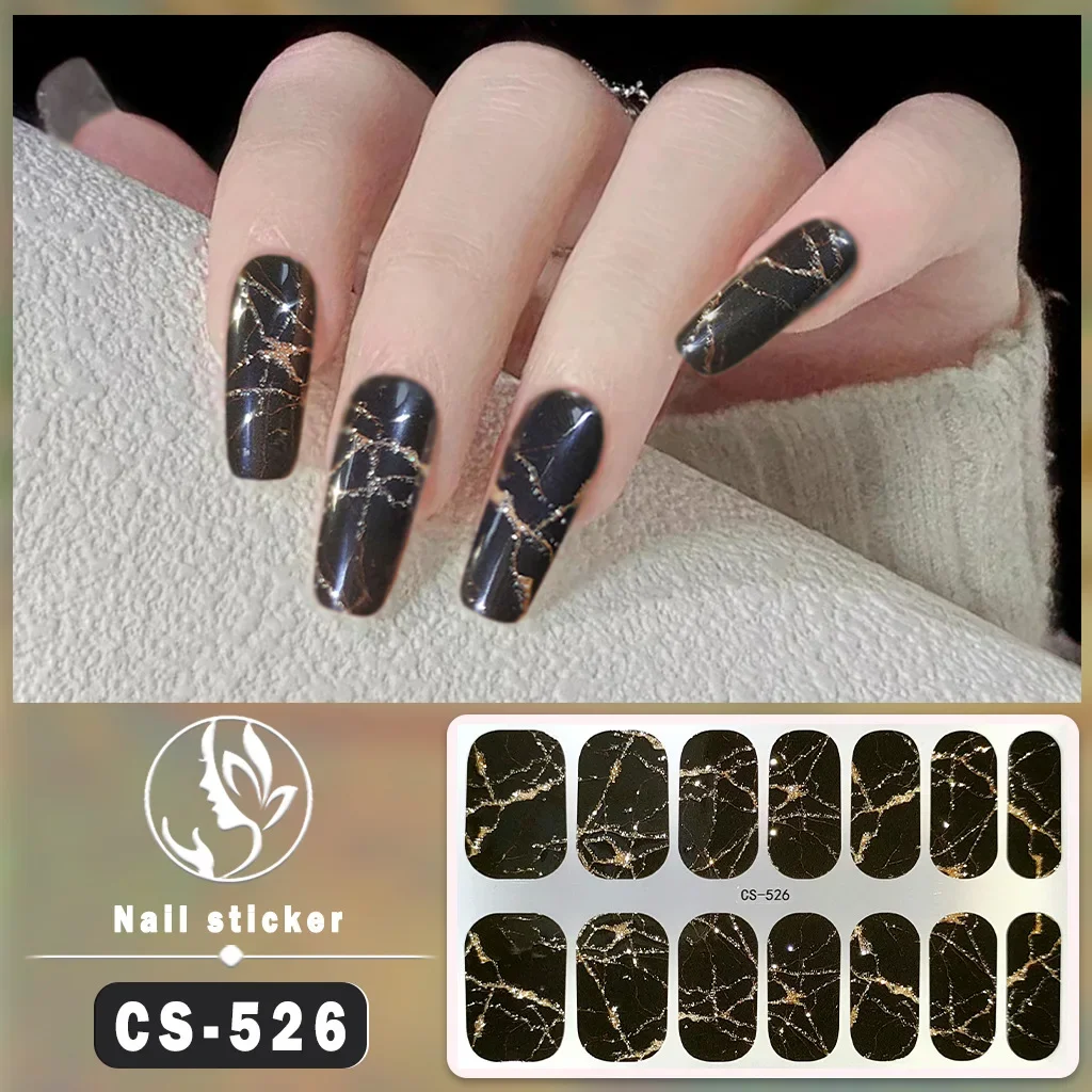 

14tips Nail Art Full-Cover Sticker Flower Marble Cracking Ink Designs Glitter Full Nail Strips Manicure No Baking Press ON Nail