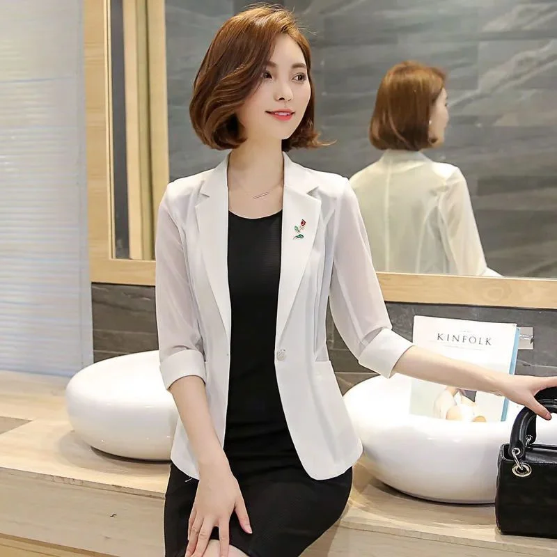 Pure Colour Female Slim Small Suit Jacket Women\'s Spring Summer New Short Top Fashion Temperament Blazers Casual Sunscreen Shirt