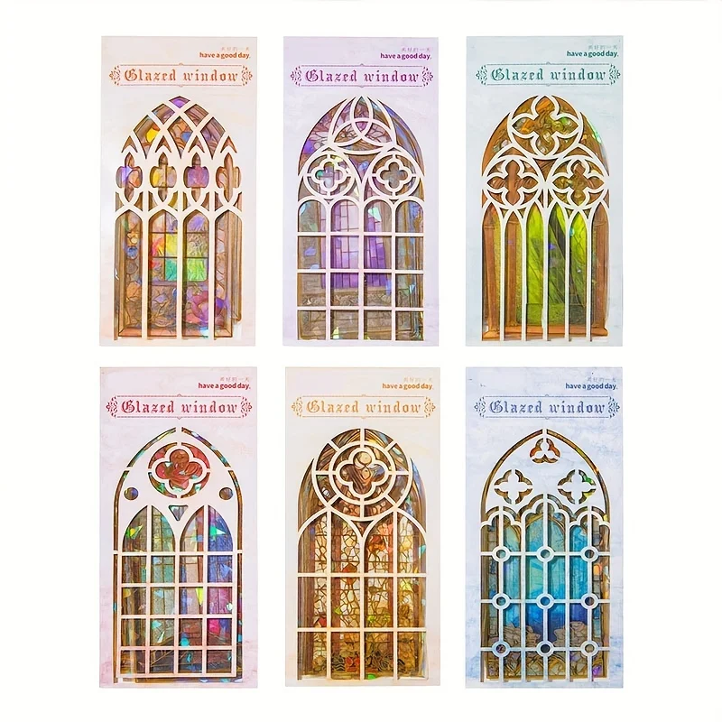 Vintage glass window series stickers, made of PET waterproof material, suitable for DIY handwriting, 6 styles, 5 patterns