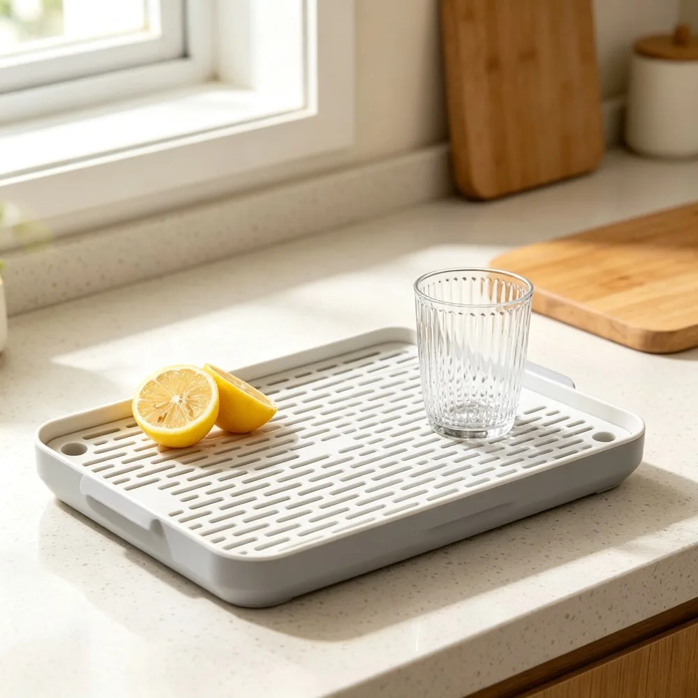 White Rectangular Fruit Drain Tray Kitchen Storage Rack with Chopsticks Box Water Cup Drainer Basket for Tea Fruits Tabletop