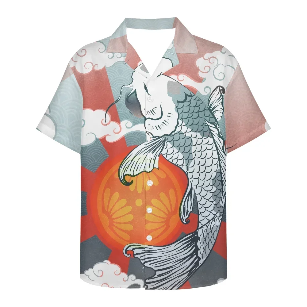 Japanese Koi Pattern Good Luck Orange Men Fashion Casual Hawaiian Printed Slim Fit Shirt Male Social Short Sleeve Beach Aloha