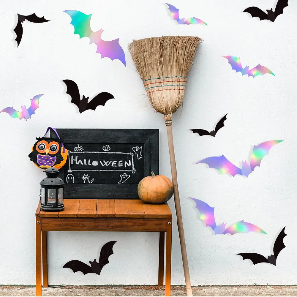 Holographic Happy Halloween Banner with Skeleton & Bats, Iridescent Halloween Decoration for Party Home Outdoor Halloween Decor