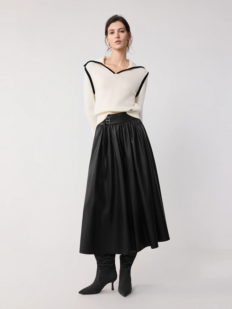 Modern Black PU Leather Half Skirt for Women Commute Design Winter New Style ELLE Elegant Umbrella Skirt Office Fashion