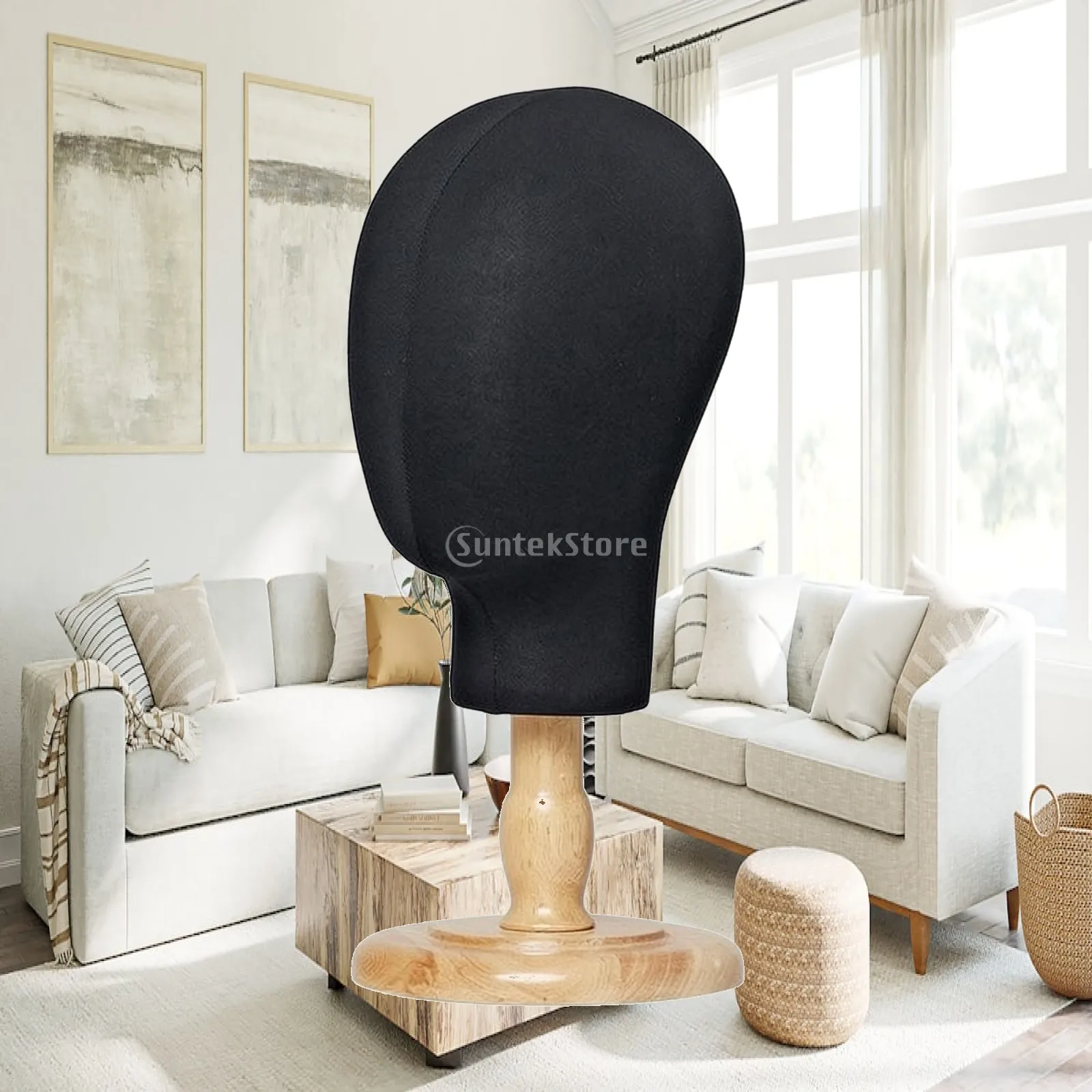Freestanding Hat Display Mannequin Head Black Linen Cover Wood Round Base for Retail Shop Headwear Hat Showcase