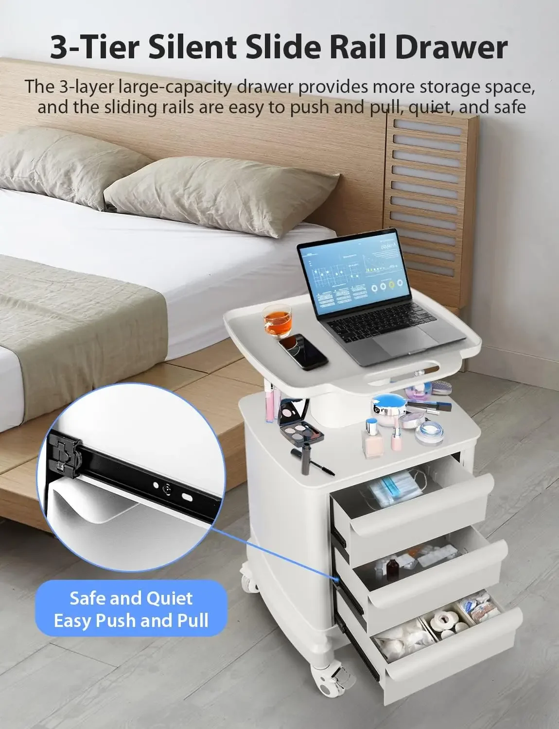 Trolley Cart for Portable Ultrasound Imaging Scanner Vehicle Trolley Beauty Storage Cart 110 LBS Load with 3 Drawers 4 Wheels