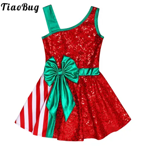 Traje de baile de Navidad con lentejuelas para niñas, tutú de Ballet a rayas con bastón de caramelo, vestido de baile con lazo, leotardo para fiesta, Ropa de baile de Año Nuevo