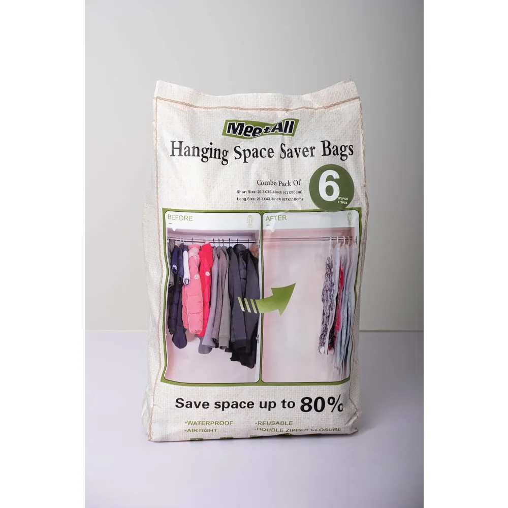 6-piece Set of Hanging Vacuum Storage Bags 26.3x35.4 Inches (67x90cm) 3 Pieces, 26.3x43.3 Inches (67x110cm) 3 Pieces