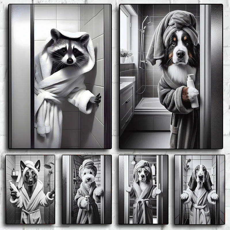 Basenji Border Collie Bichon Frise Funny Animals in Tub Poster Canvas Painting Wall Art Picture for Room Home Office Decor