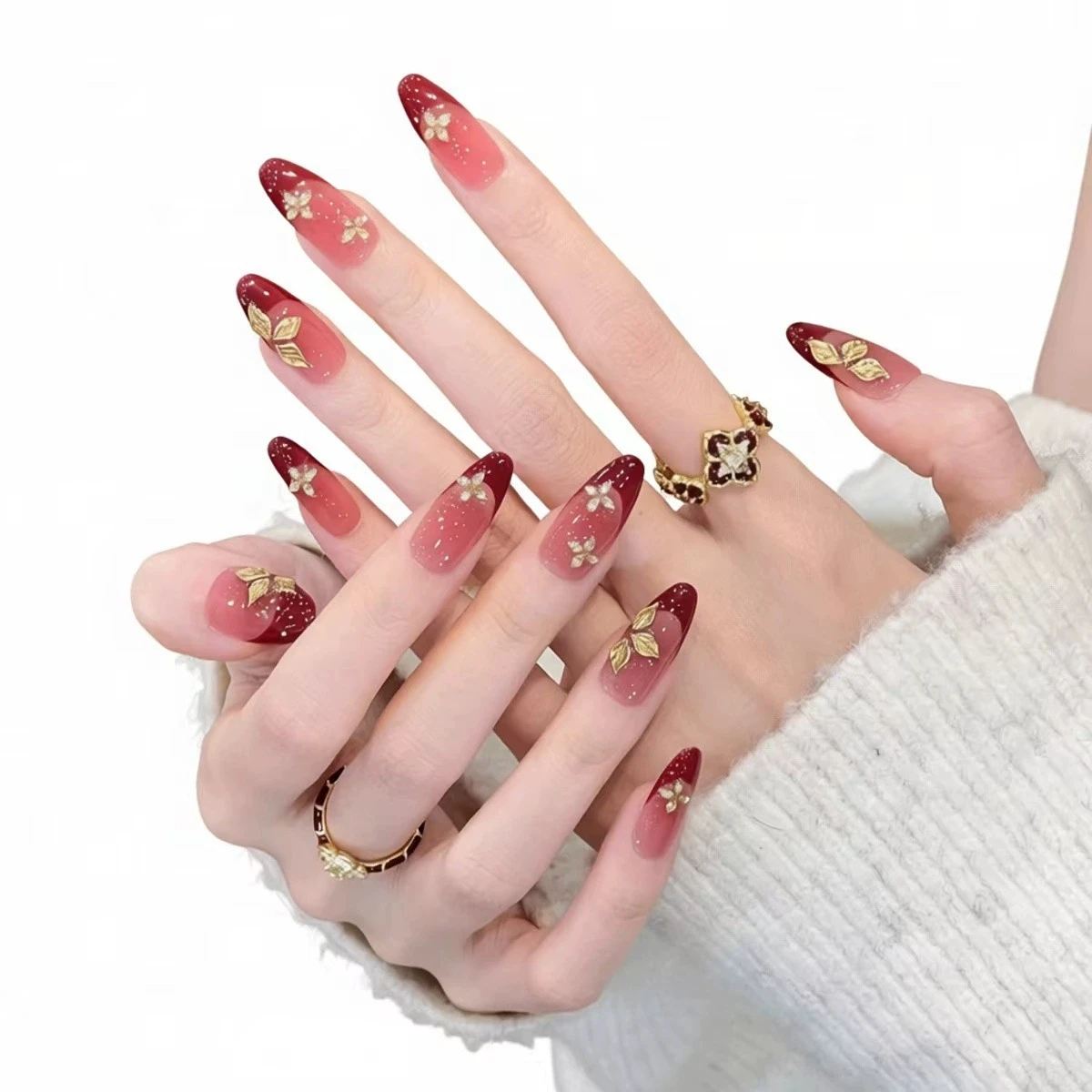 

Sweet Cool Wine Red Gradient Press On Nails Luxury French Manicure with Gold Foil Flower Design Reusable Glue On Nail Art