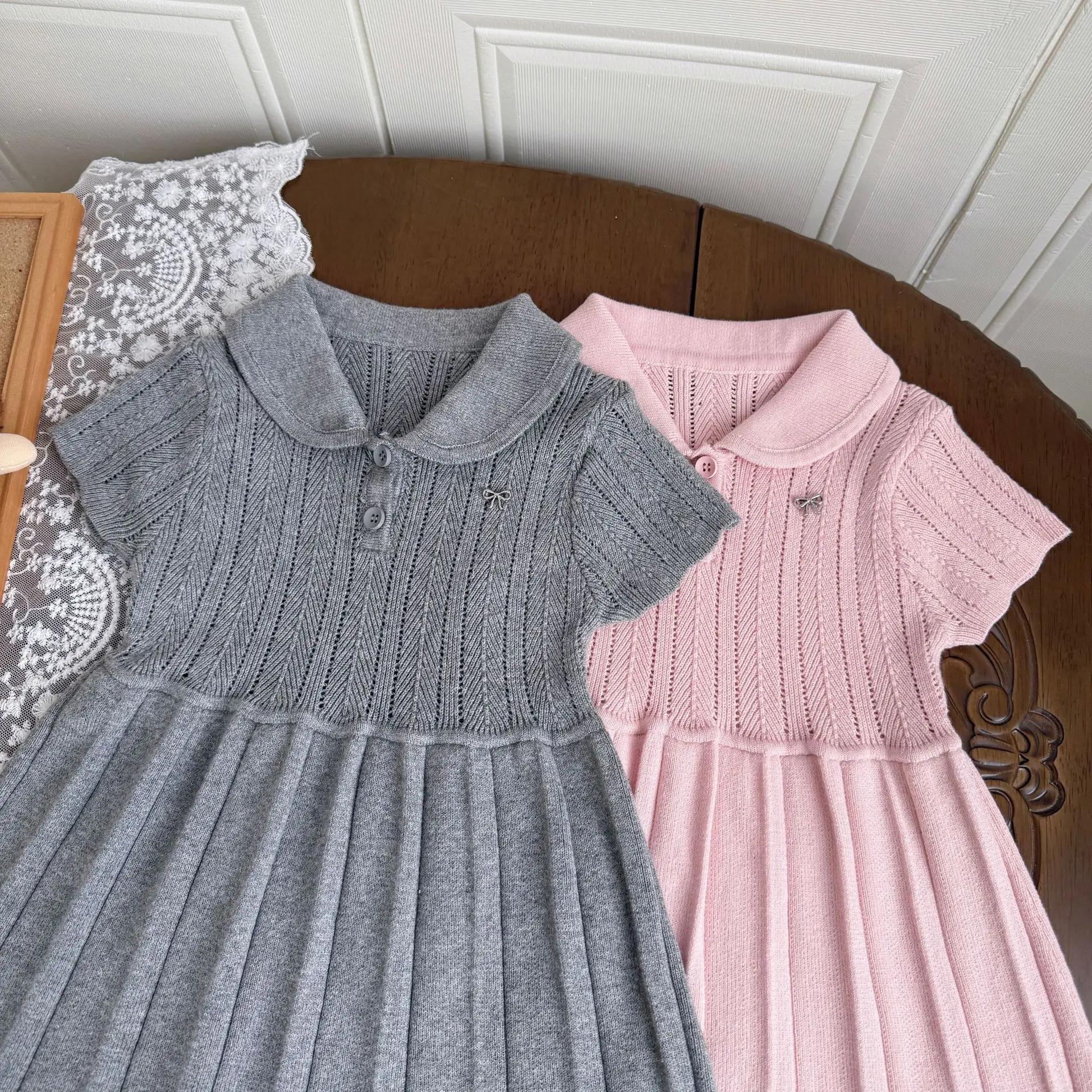 1-5Y Summer Baby Girl Knitted Dress Preppy Style Peter Pan Collar  Short Sleeve Pleated Casual Kids Dresses for Girls