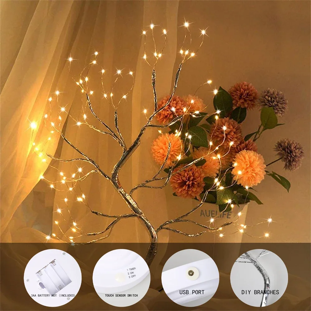 New 108  Night Light Tabletop Bonsai Lighted Table Lamp Tree Copper Wire Garland Lamp Decorations Christmas  Fairy Light