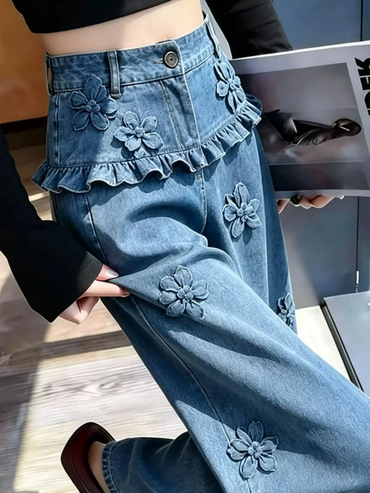 Blue Floral Wide Leg Straight Cut Jeans High Waist Slimming Casual Versatile Women's Summer 2026 Commute Style High Waist