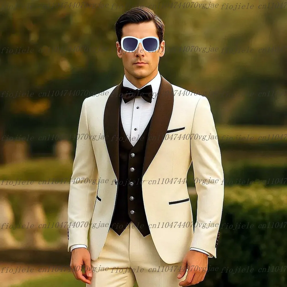 

Ivory Dark Brown Men Suit Formal Wedding Party Groom Groomsman Business Male Tuxedos Customized 3 Piece Set Jacket Vest Pants