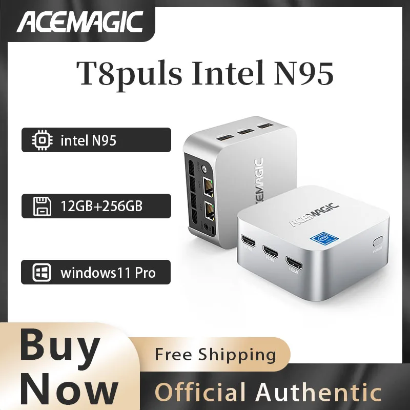 جهاز كمبيوتر صغير ACEMAGIC T8puls مزود بمعالج Intel N95 LPDDR5 12GB SSD 256GB turbo 3.4 جيجا هرتز مكتب الأعمال WIFI 5+BT4.2