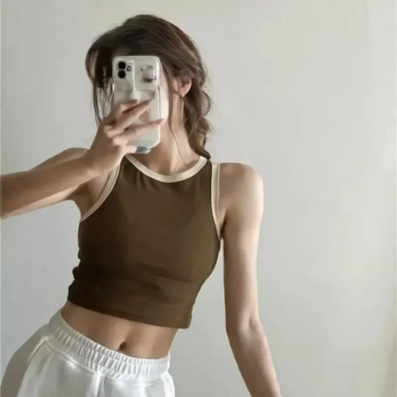 Women's Spring Summer Color Block Sleeveless Vest Pure Color Strap Sports Top Base Shirt Beautiful Wrap Chest Outerwear