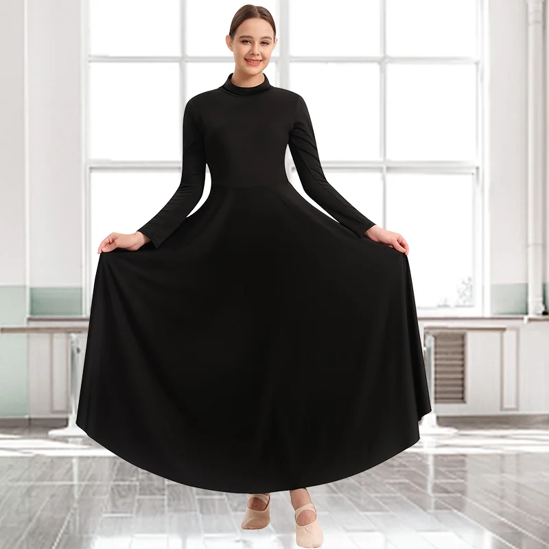 Damen Lobpreis-Tanzkleid Locker Sitzend Bodenlang Langarm Anbetungs-Liturgie-Kostüm mit Freier Zuschnittmöglichkeit und Hochem Kragen