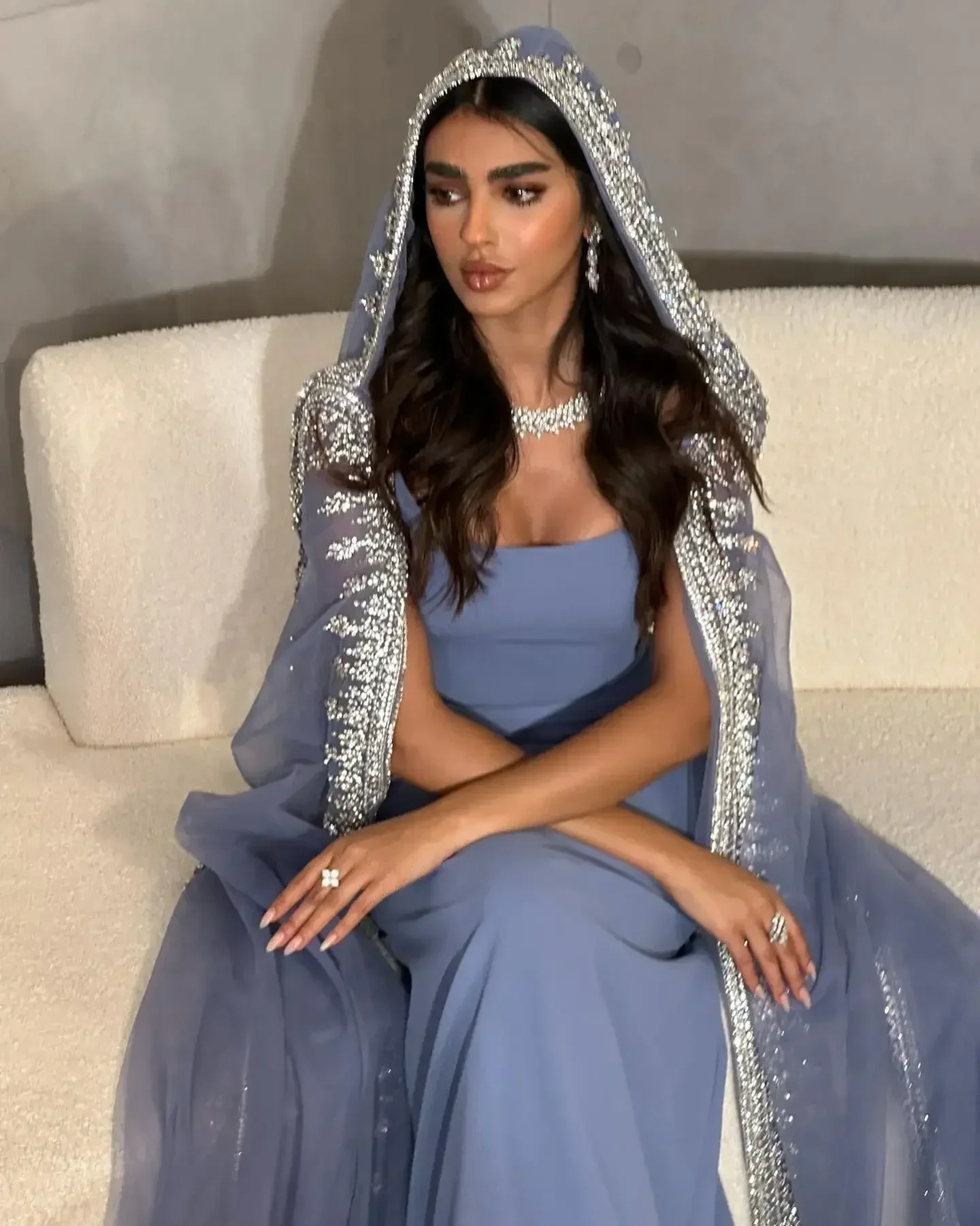 Customized Evening Dresses Luxury Crystal Blue Mermaid Dubai Evening Dresses  Cape Sleeves Elegant Arabic Women personalized